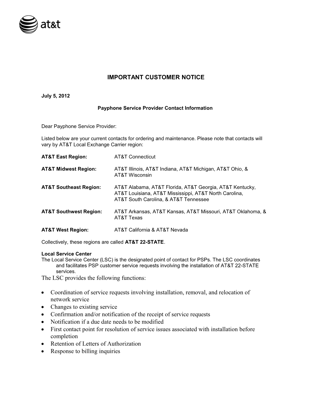 Payphone Service Provider Contact Information