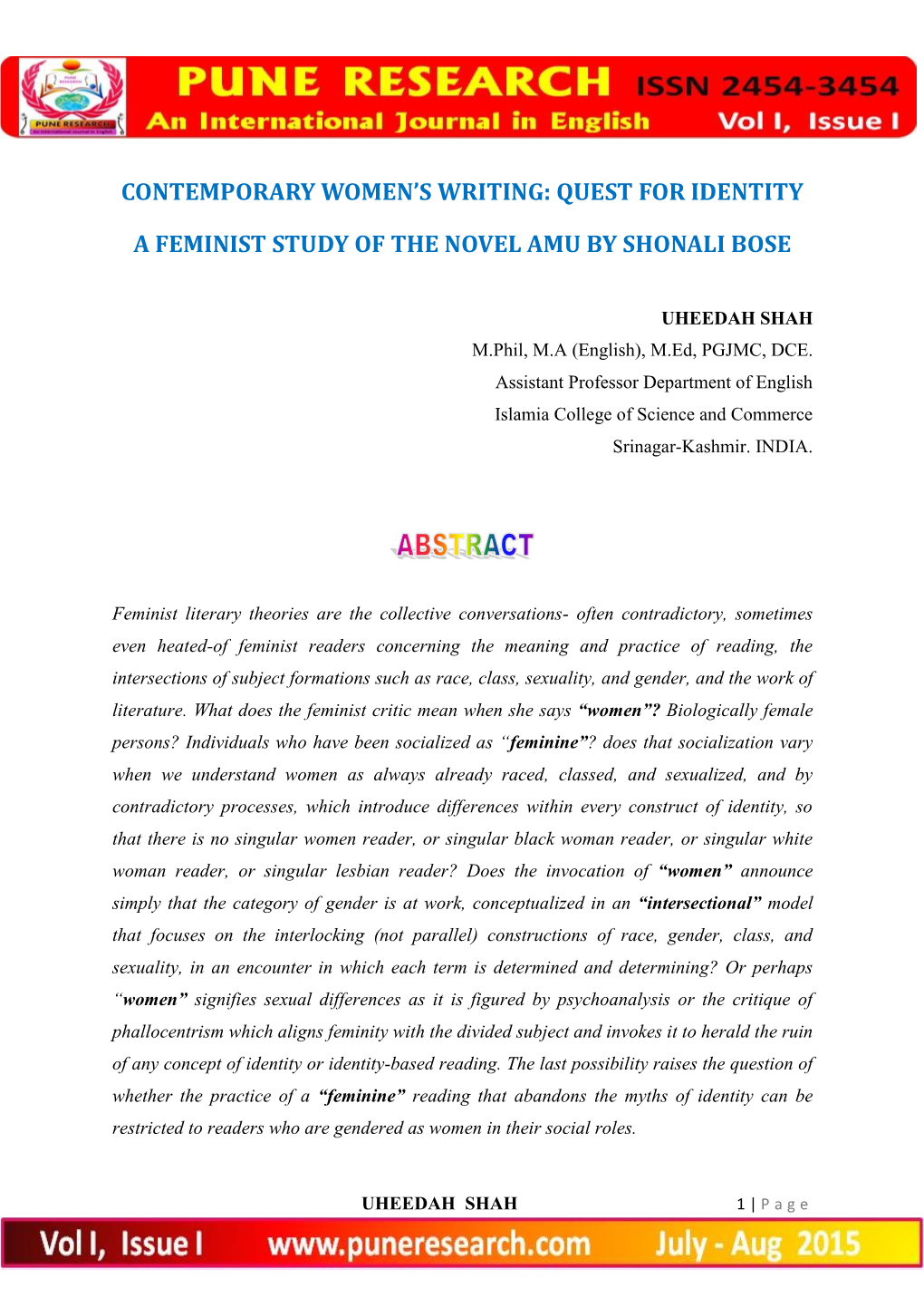 Quest for Identity a Feminist Study of the Novel Amu by Shonali Bose