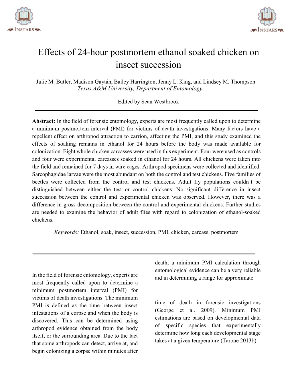 Effects of 24-Hour Postmortem Ethanol Soaked Chicken on Insect Succession