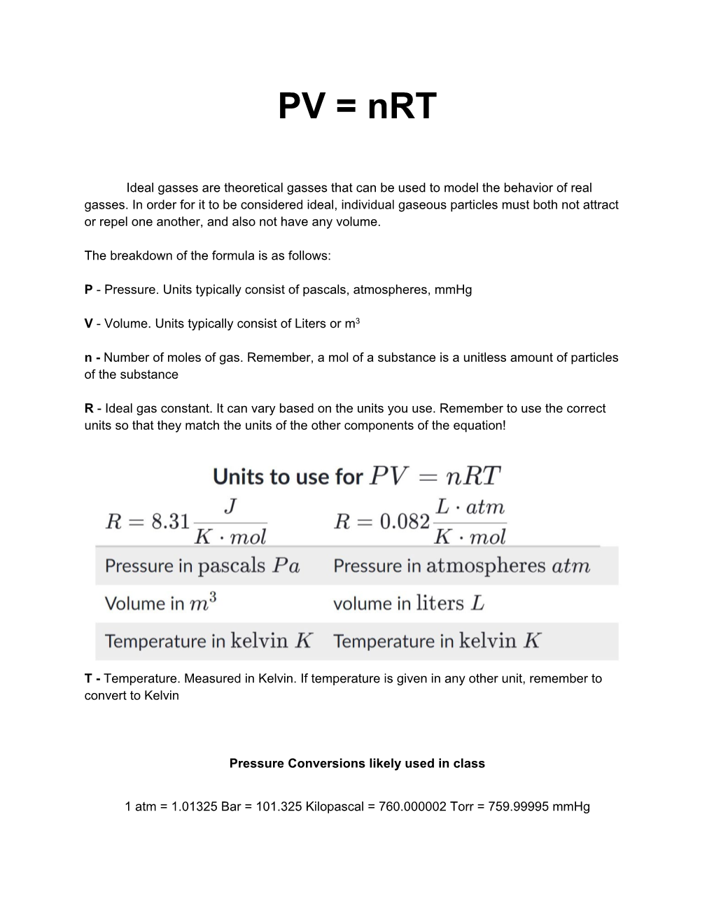 PV=Nrt and Combined Gas