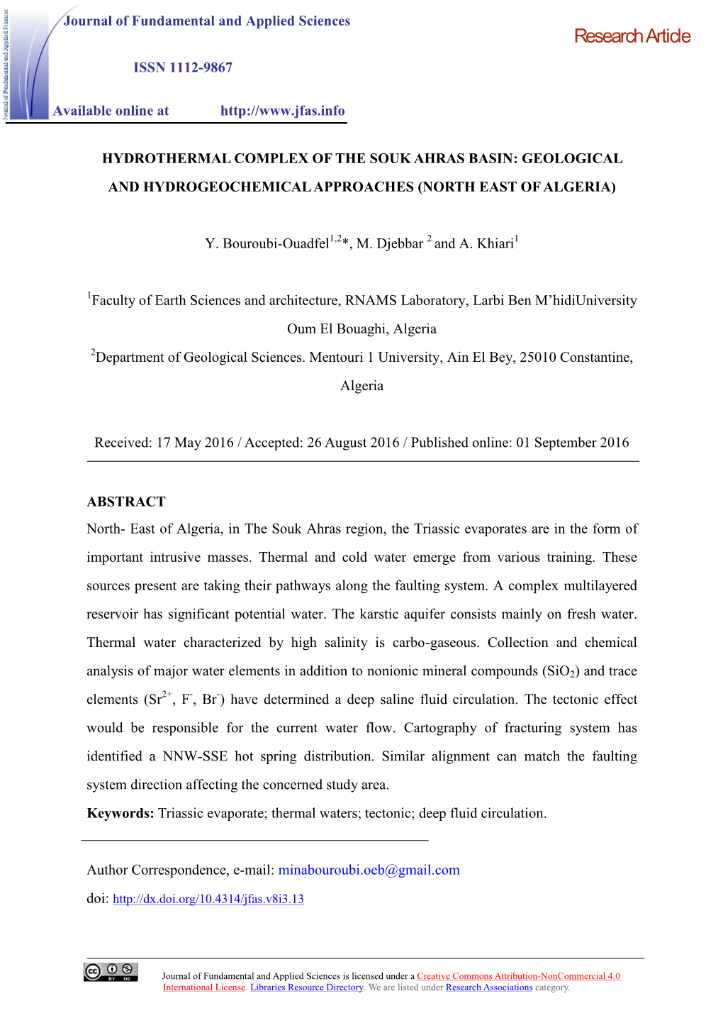 Hydrothermal Complex of the Souk Ahras Basin: Geological and Hydrogeochemical Approaches (North East of Algeria)