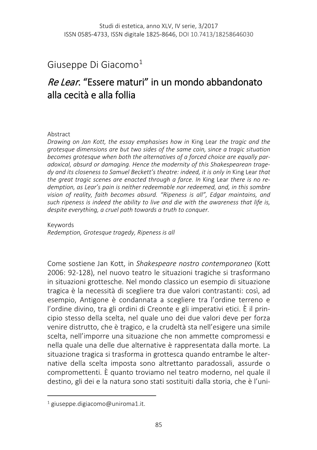 Giuseppe Di Giacomo1 Re Lear. “Essere Maturi” in Un Mondo Abbandonato Alla Cecità E Alla Follia