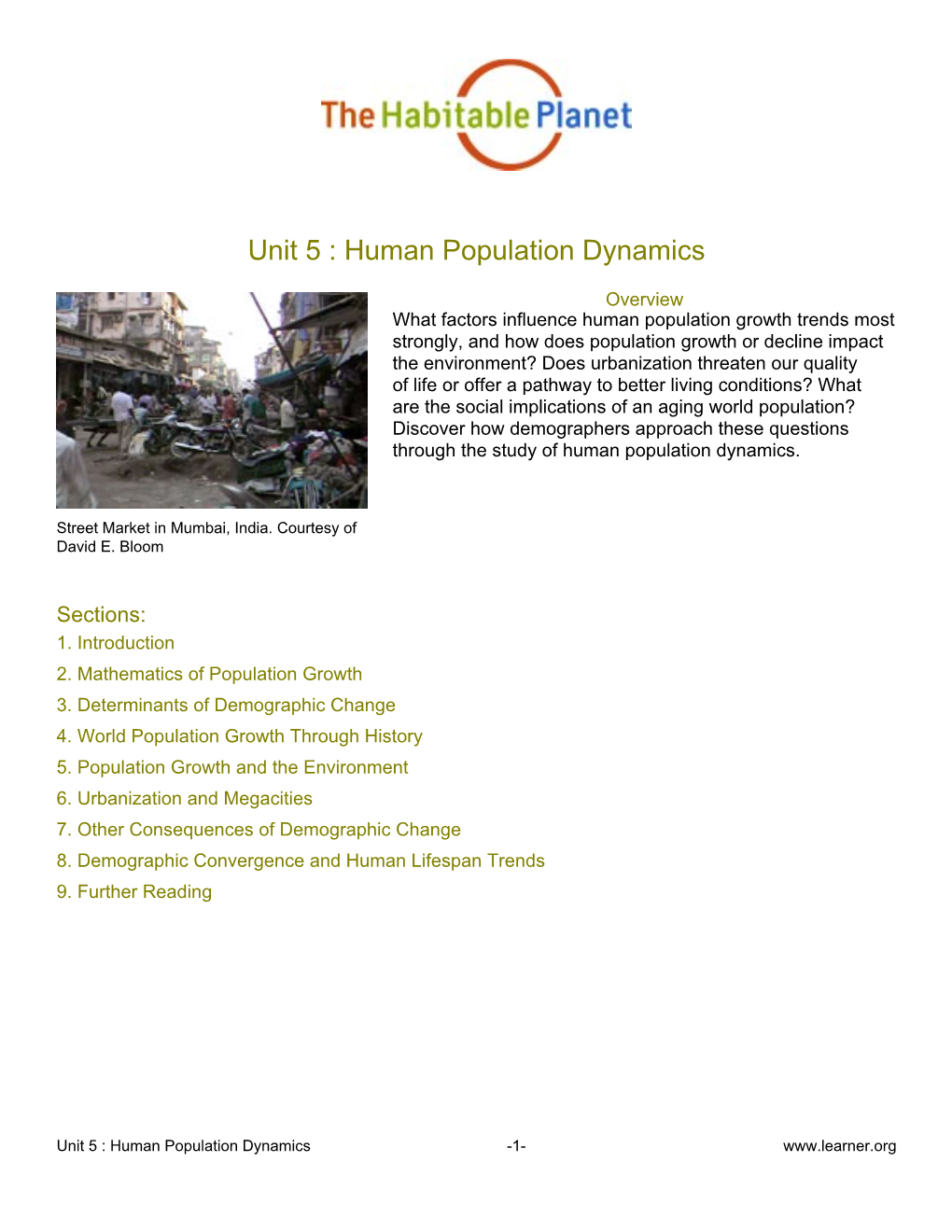 Unit 5 : Human Population Dynamics