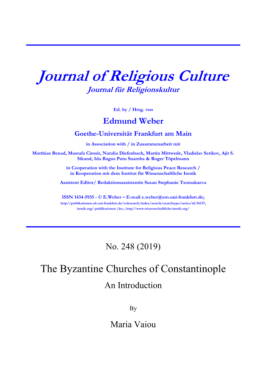 Journal of Religious Culture Journal Für Religionskultur