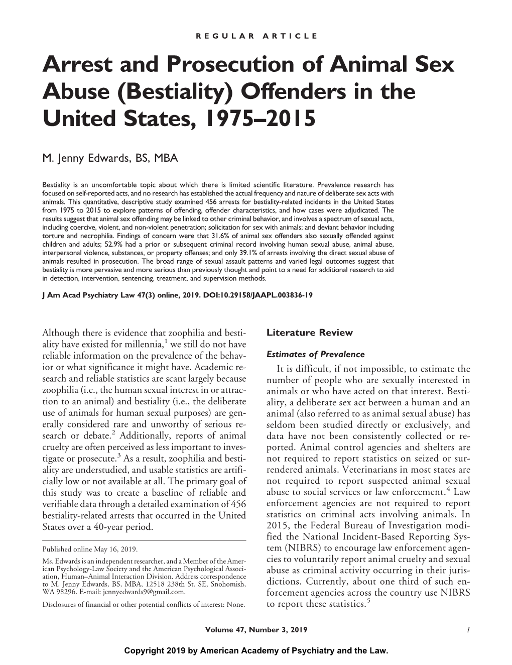 Arrest and Prosecution of Animal Sex Abuse (Bestiality) Offenders in the United States, 1975–2015