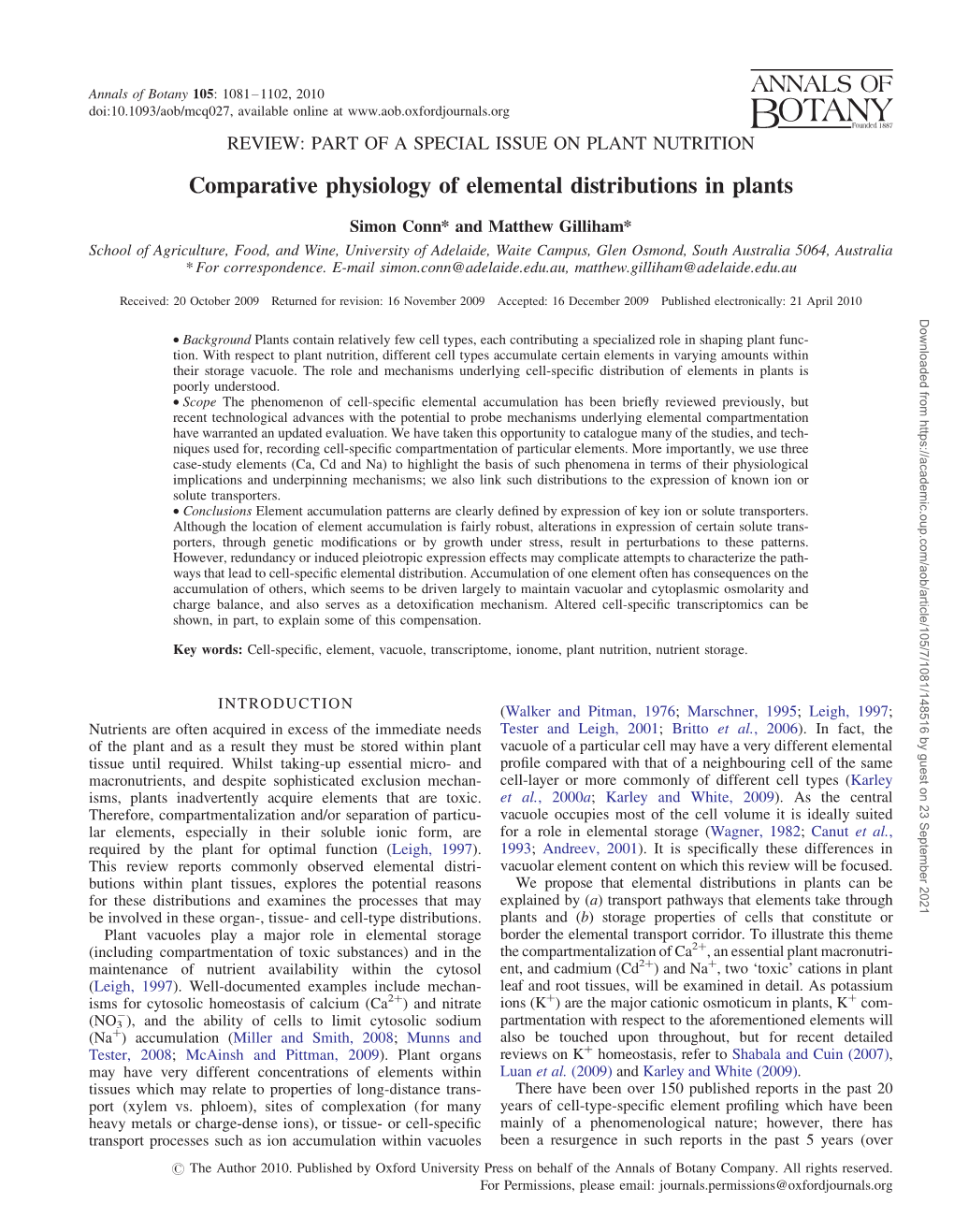 Comparative Physiology of Elemental Distributions in Plants