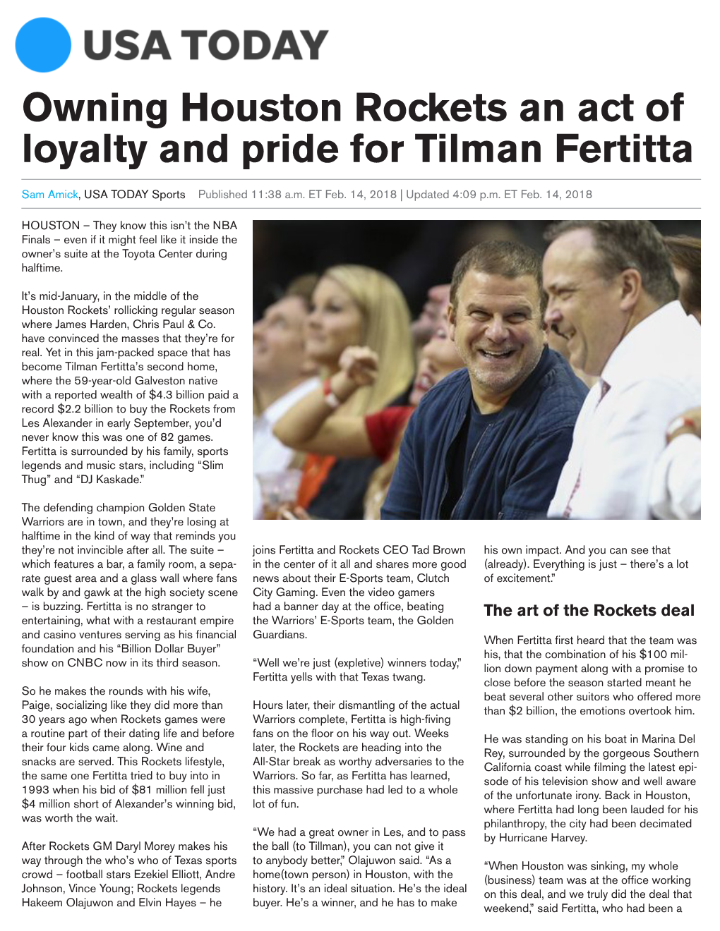 Owning Houston Rockets an Act of Loyalty and Pride for Tilman Fertitta