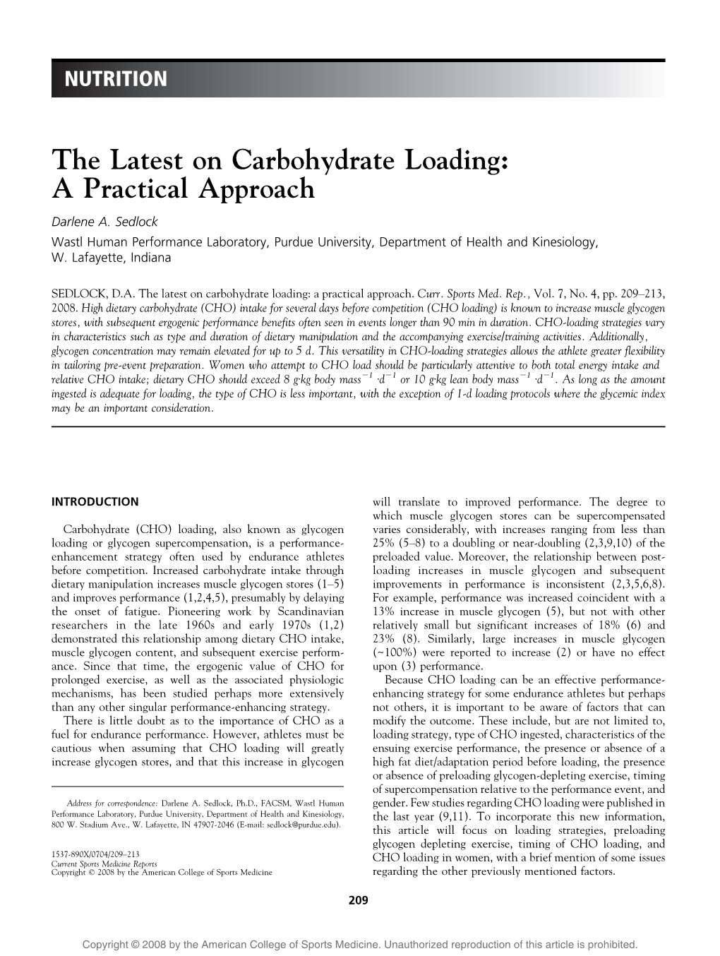The Latest on Carbohydrate Loading: a Practical Approach Darlene A