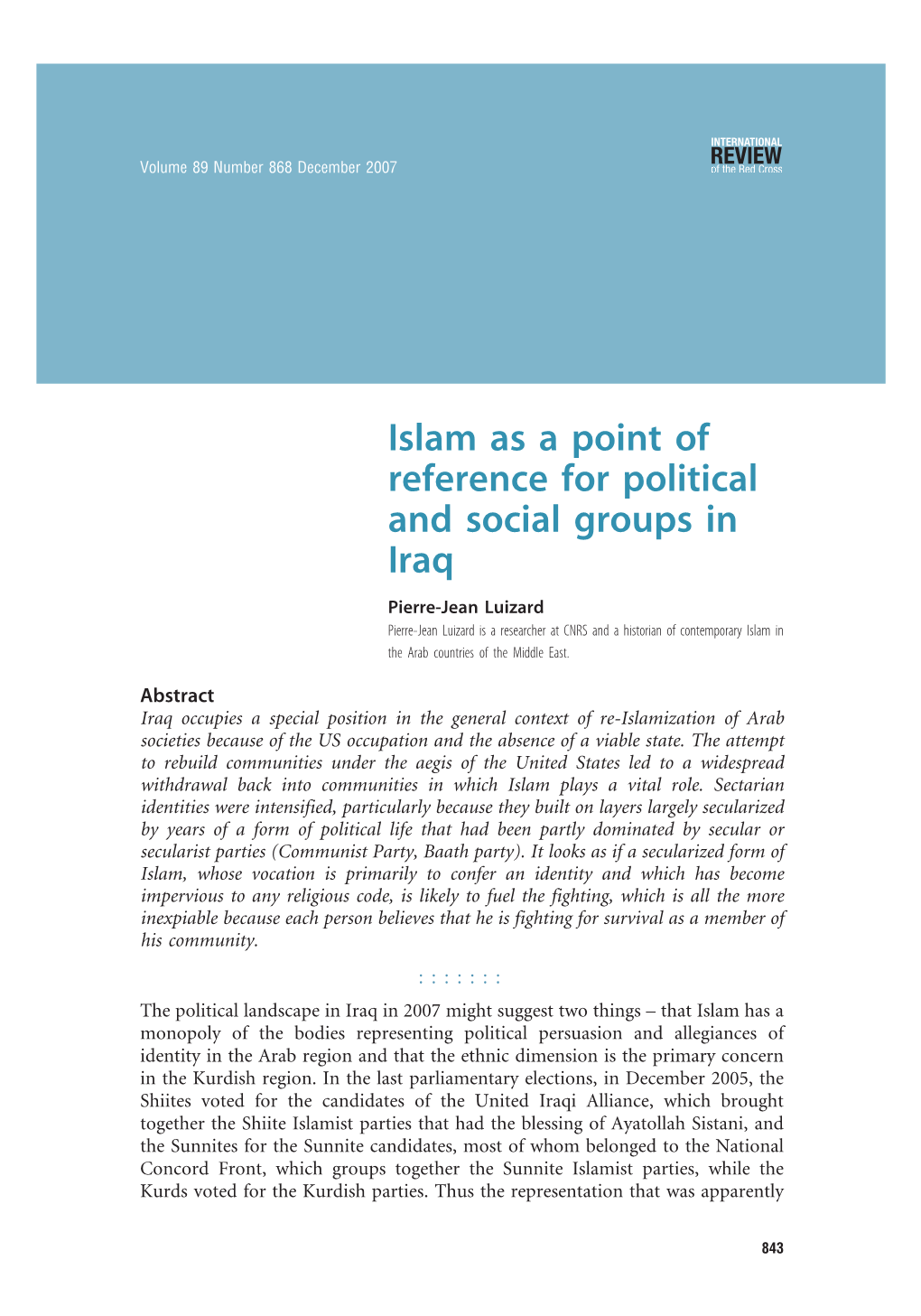 Islam As a Point of Reference for Political and Social Groups in Iraq