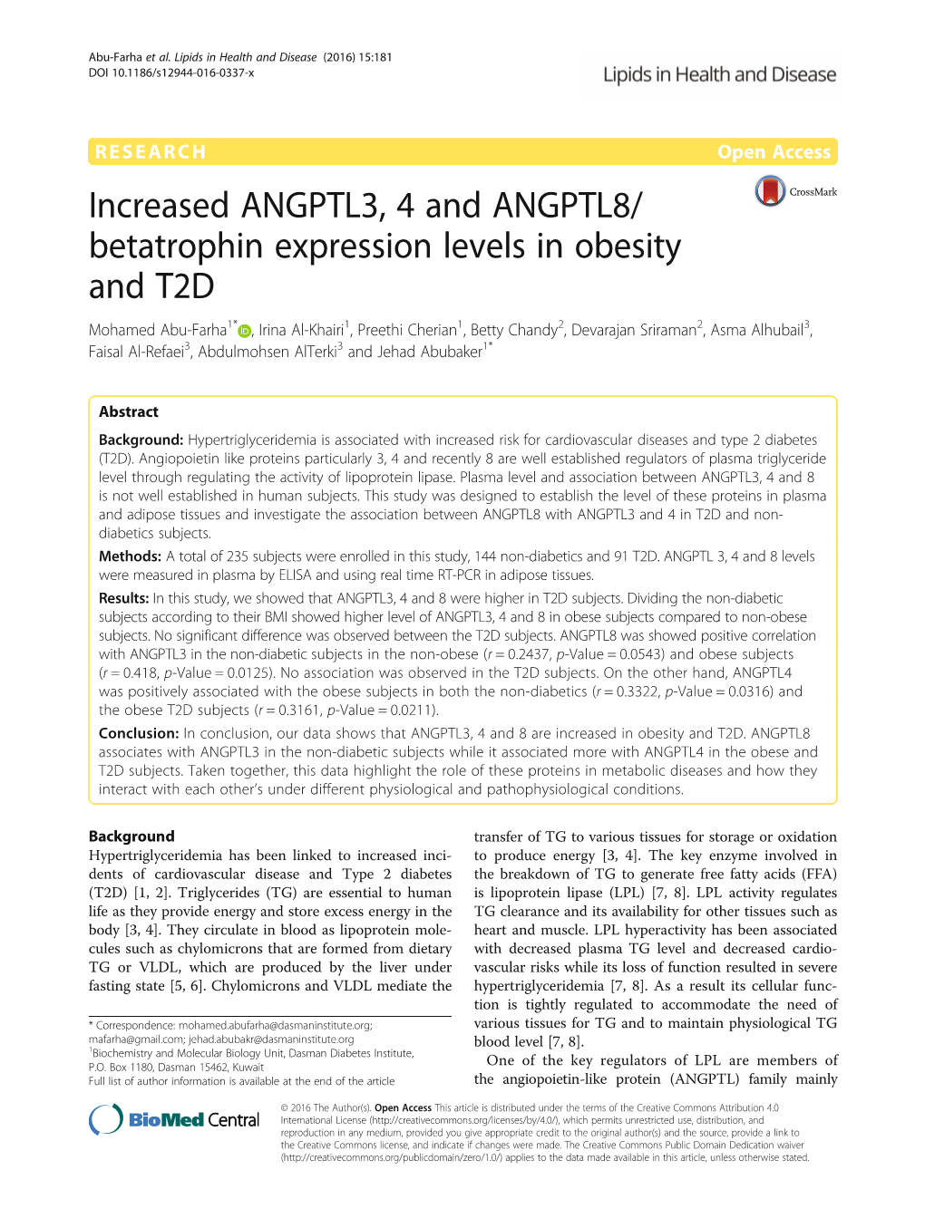 Increased ANGPTL3, 4 and ANGPTL8/Betatrophin Expression Levels In