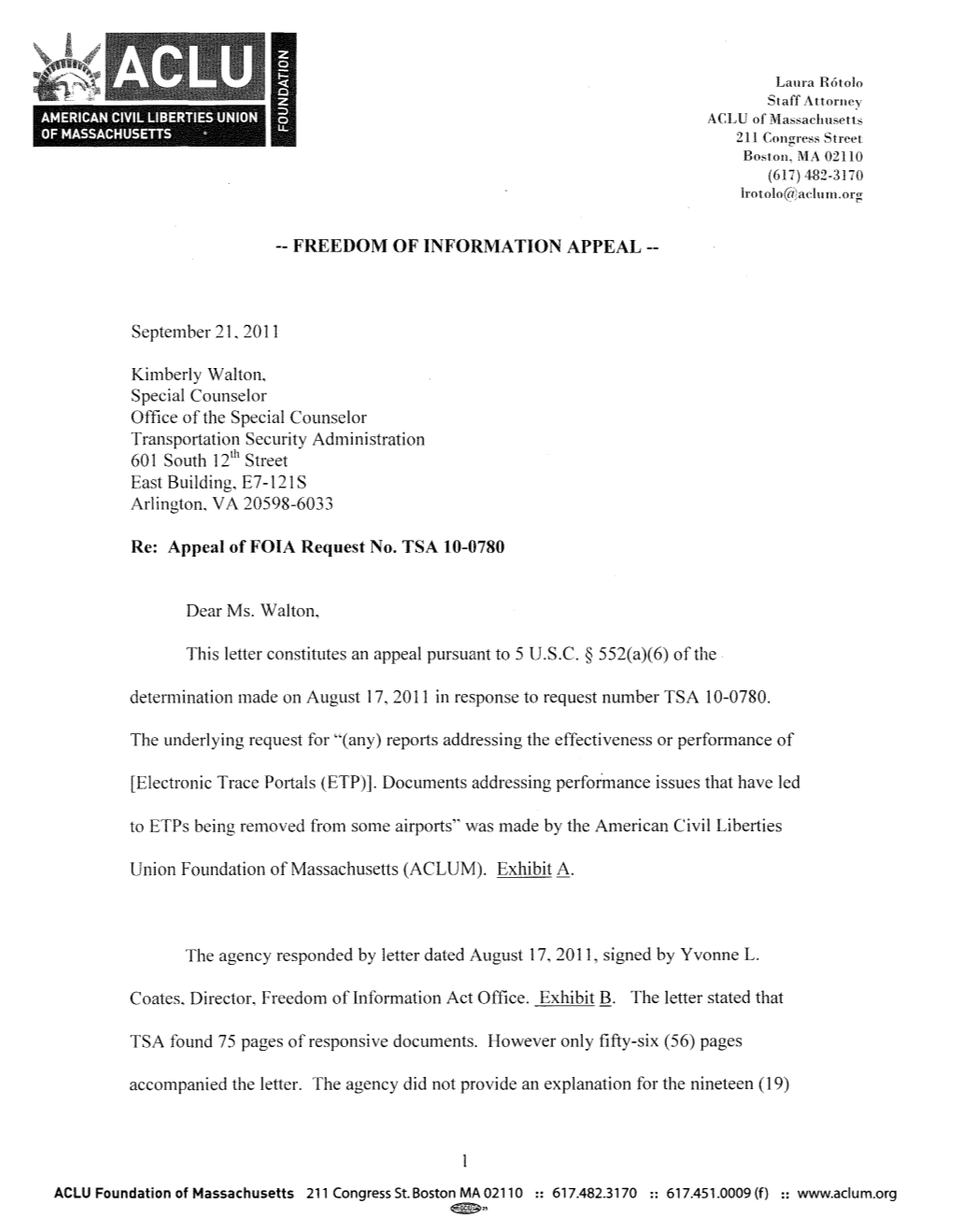 Appeal of FOIA Request No. TSA 10-0780