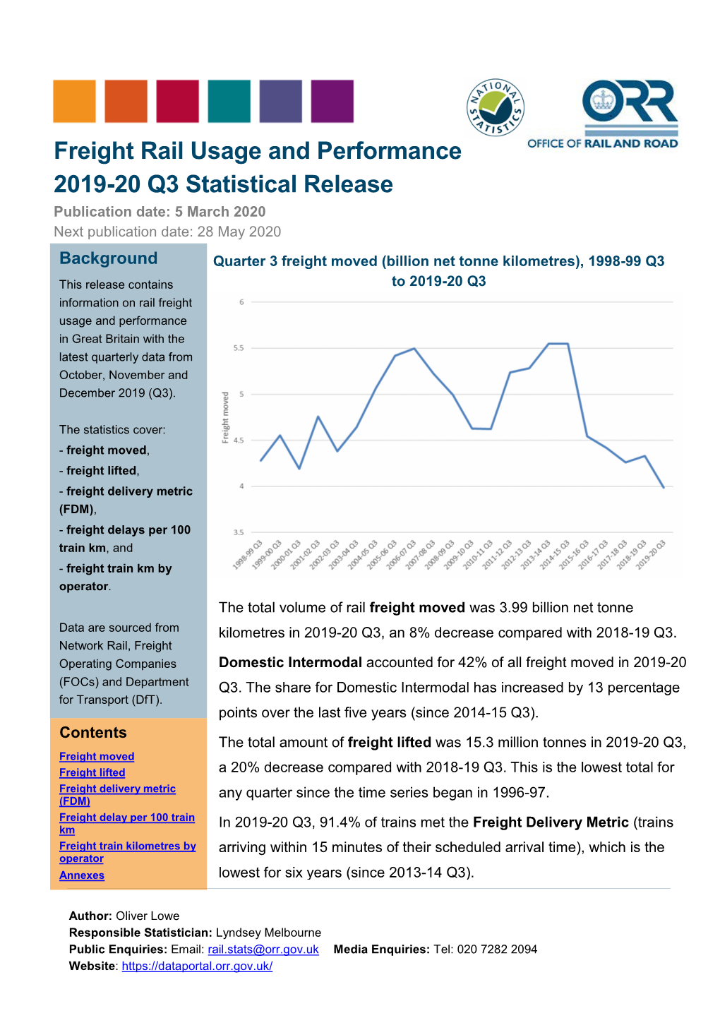 Freight Rail Usage and Performance 2019-20 Q3 Statistical Release Publication Date: 5 March 2020 Next Publication Date: 28 May 2020