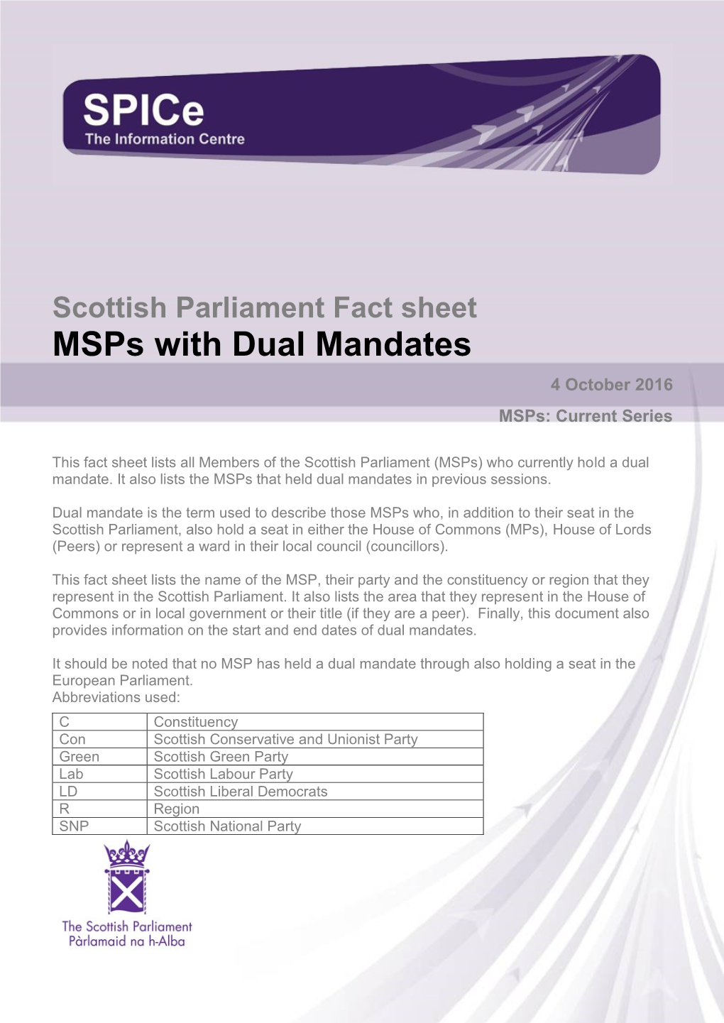 Scottish Parliament Fact Sheet Msps with Dual Mandates 4 October 2016 Msps: Current Series