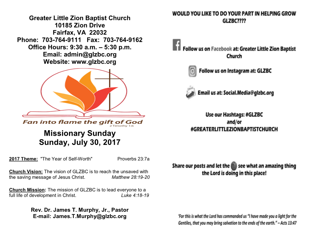 Greater Little Zion Baptist Church 10185 Zion Drive Fairfax, VA 22032 Phone: 703-764-9111 Fax: 703-764-9162 Office Hours: 9:30 A.M