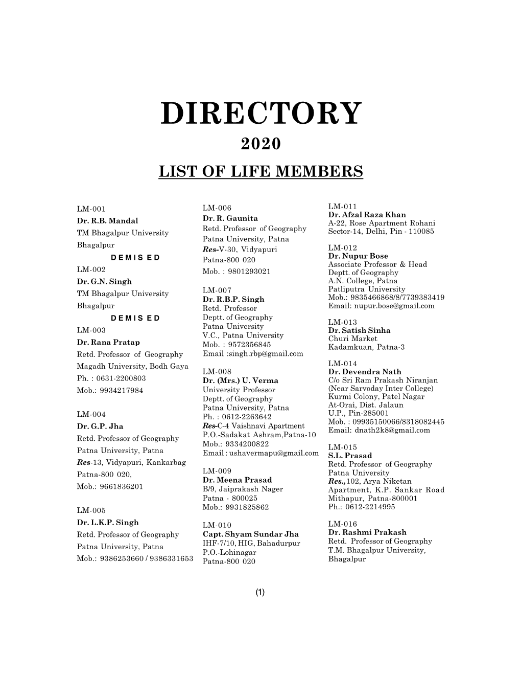 Directorylist of Life Members 2020 List of Life Members