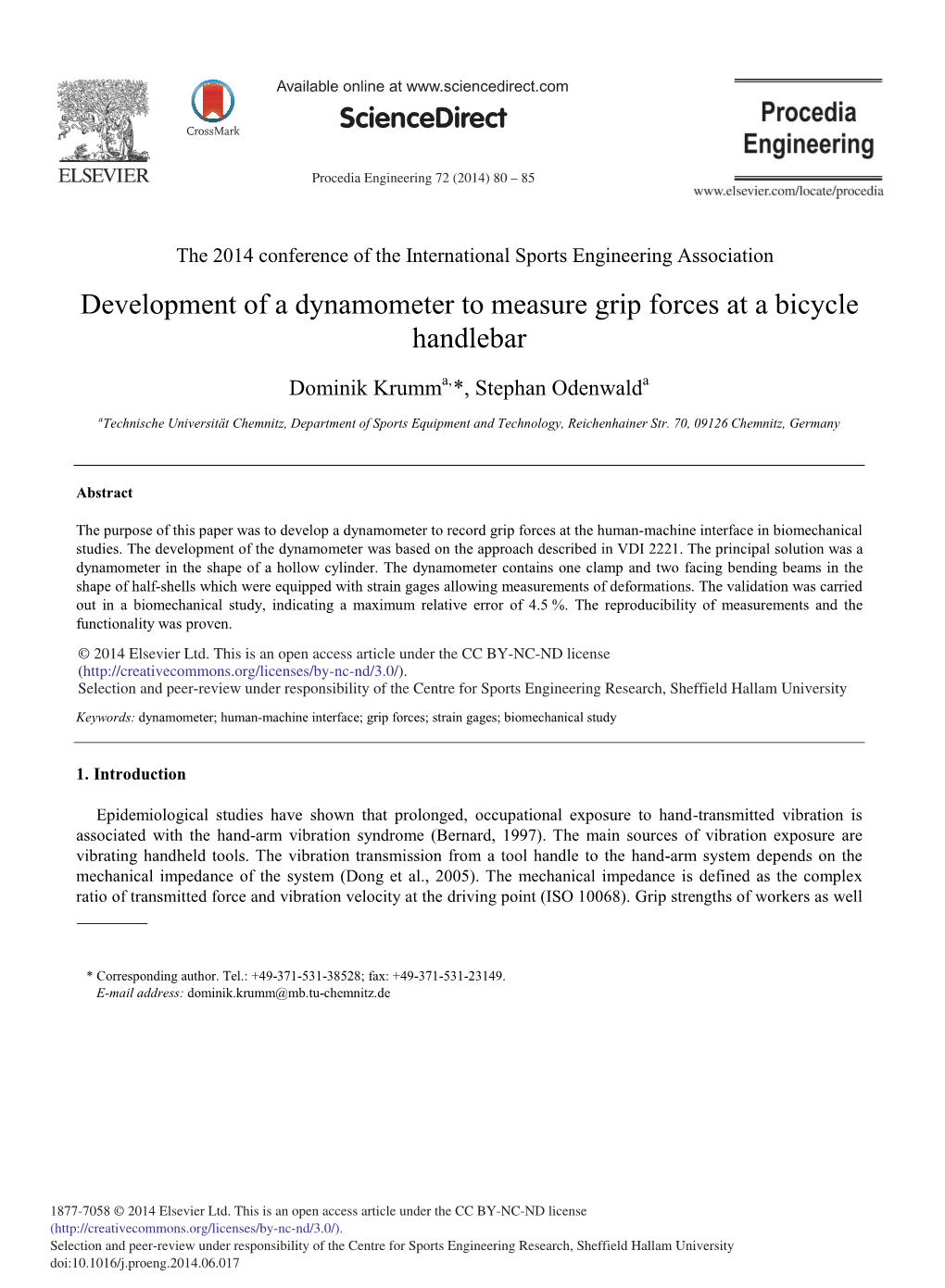 Development of a Dynamometer to Measure Grip Forces at a Bicycle Handlebar
