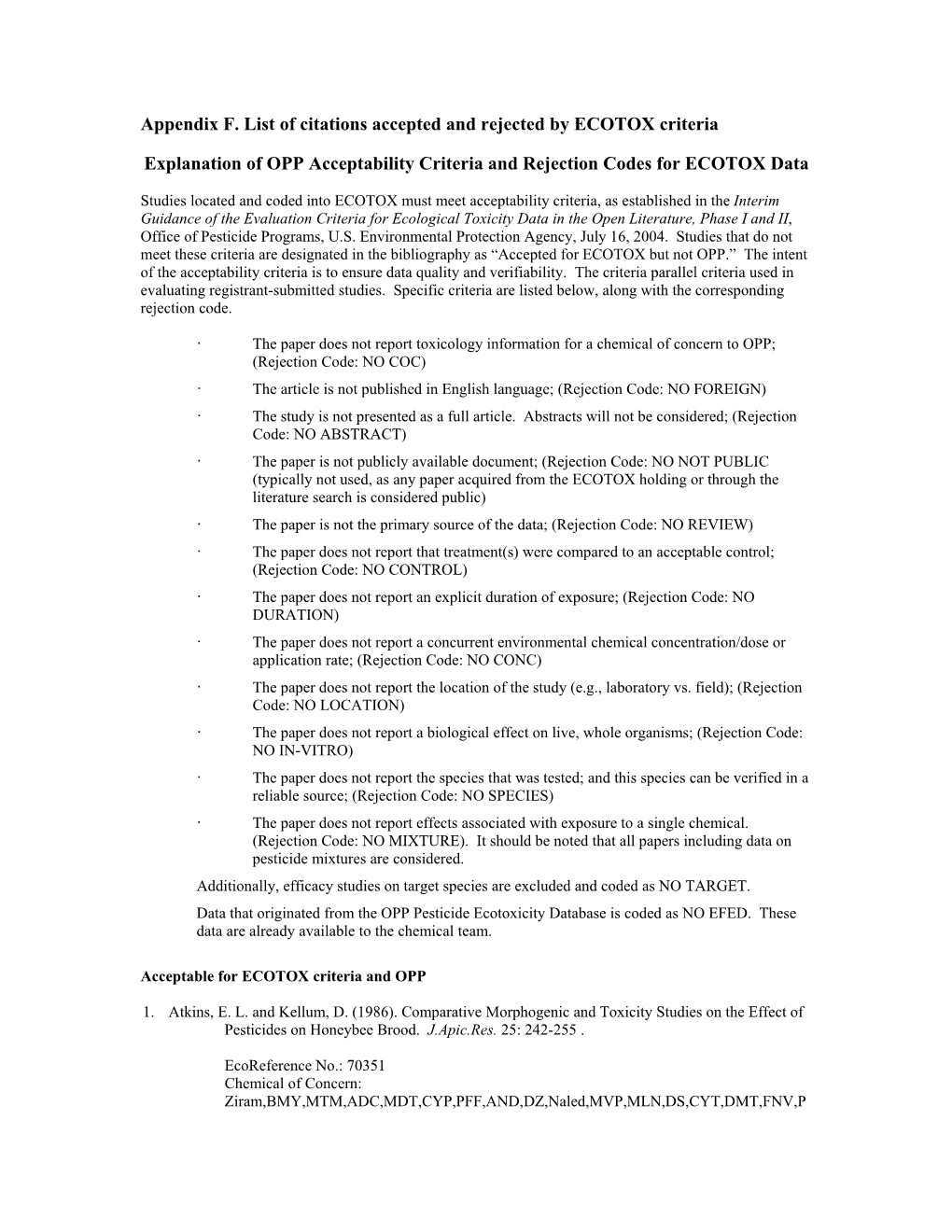 US EPA Appendix F. List of Citations Accepted and Rejected by ECOTOX