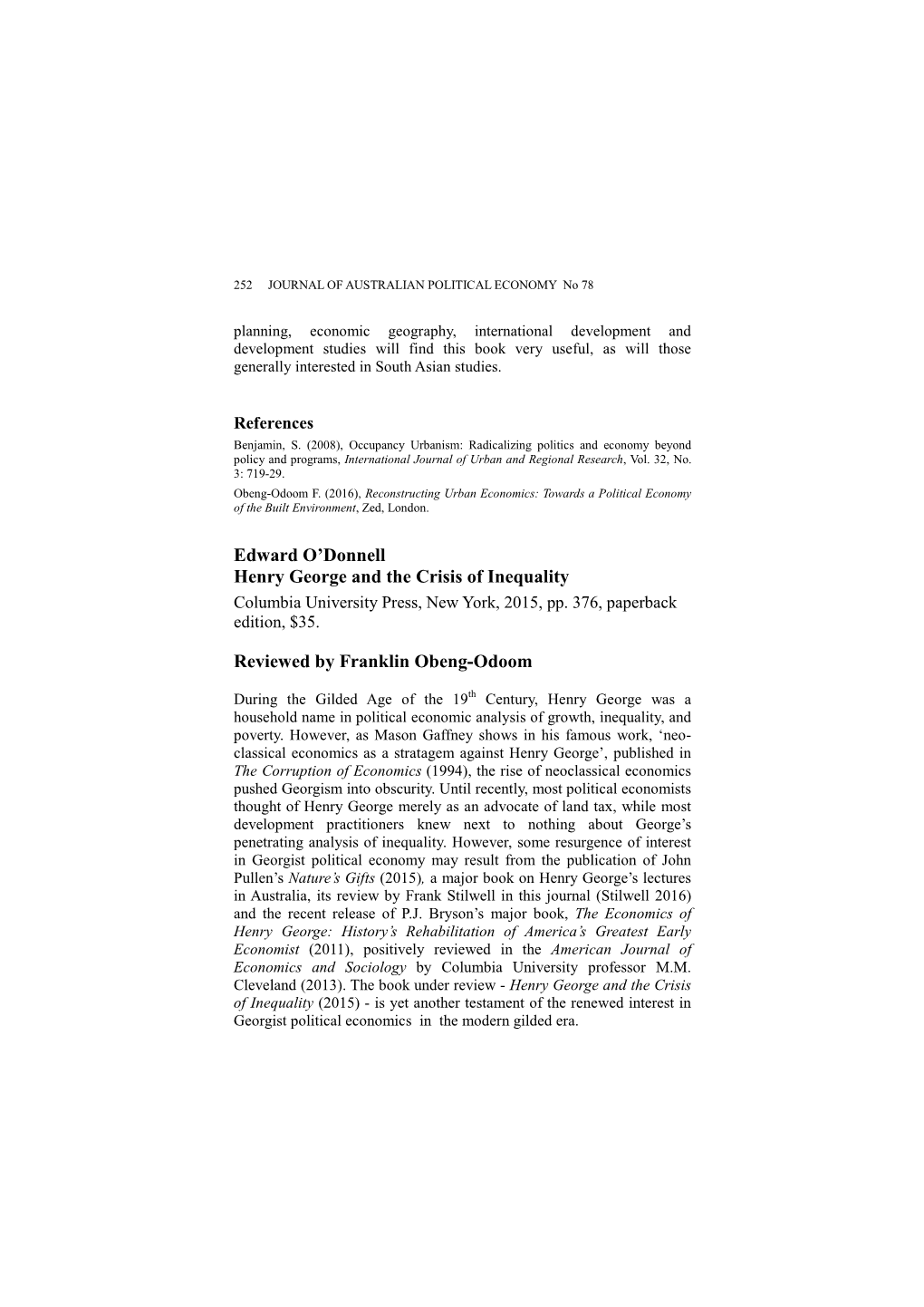 Henry George and the Crisis of Inequality Columbia University Press, New York, 2015, Pp