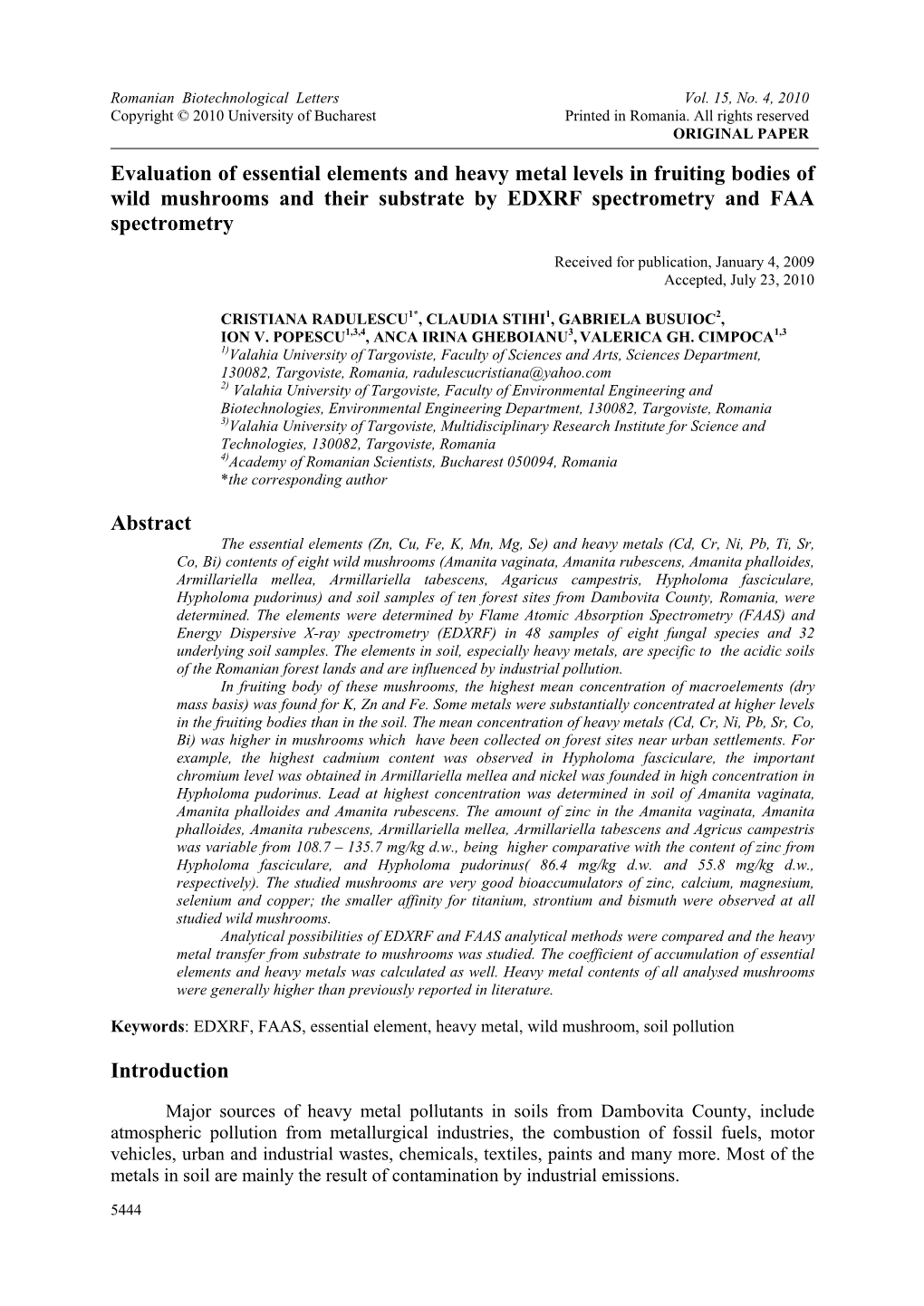 Evaluation of Essential Elements and Heavy Metal Levels in Fruiting Bodies of Wild Mushrooms and Their Substrate by EDXRF Spectrometry and FAA Spectrometry