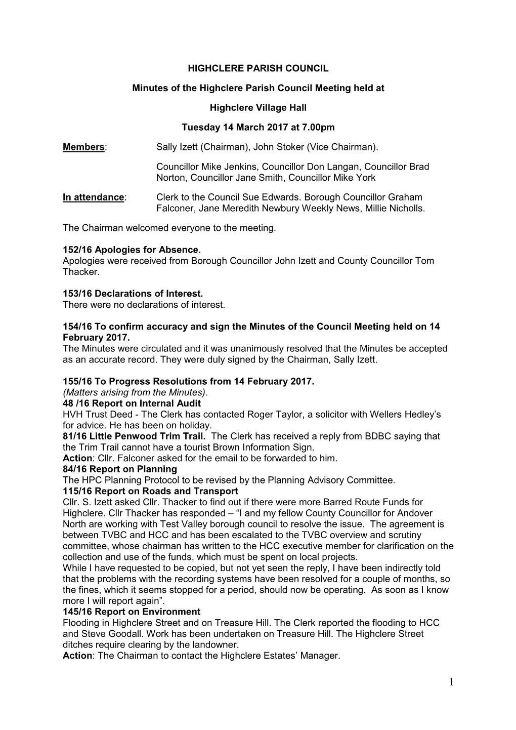 HIGHCLERE PARISH COUNCIL Minutes of the Highclere Parish