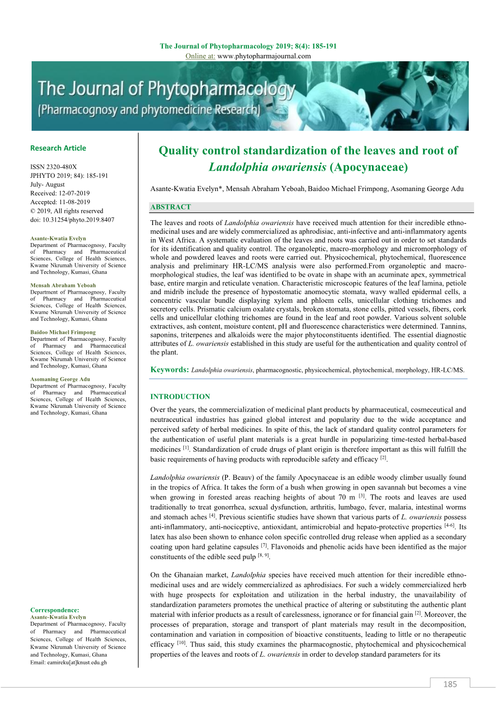 Quality Control Standardization of the Leaves and Root of Landolphia Owariensis (Apocynaceae)