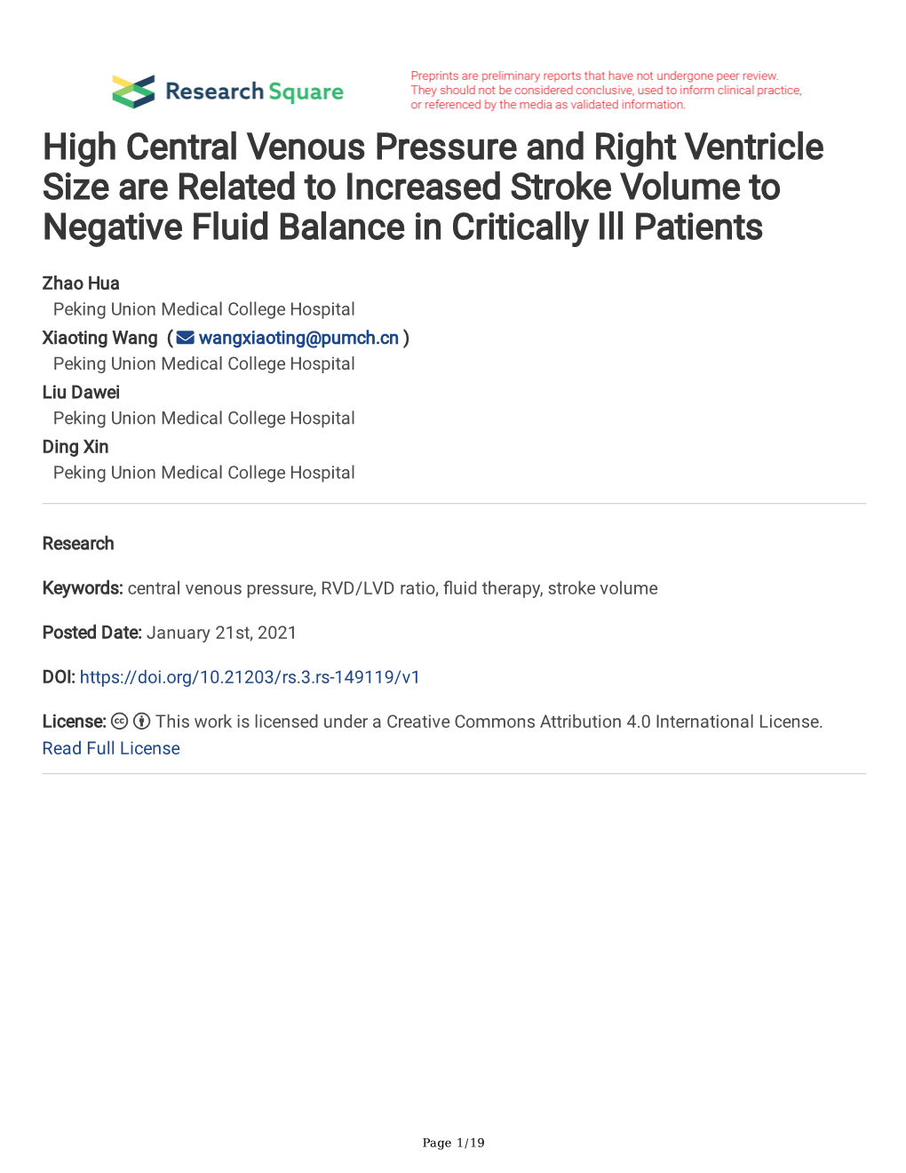 High Central Venous Pressure and Right Ventricle Size Are Related to Increased Stroke Volume to Negative Fluid Balance in Critically Ill Patients