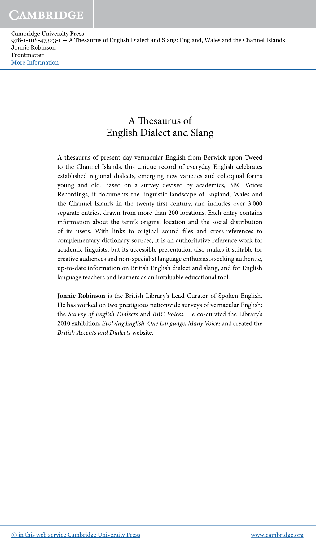 A Thesaurus of English Dialect and Slang: England, Wales and the Channel Islands Jonnie Robinson Frontmatter More Information