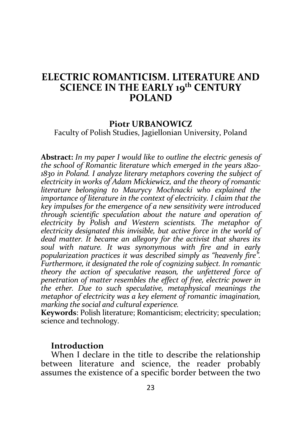 ELECTRIC ROMANTICISM. LITERATURE and SCIENCE in the EARLY 19Th CENTURY POLAND