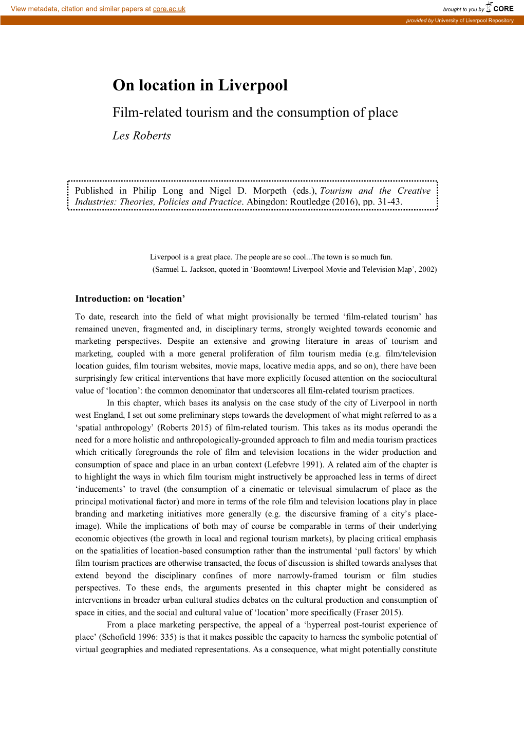 On Location in Liverpool Film-Related Tourism and the Consumption of Place Les Roberts