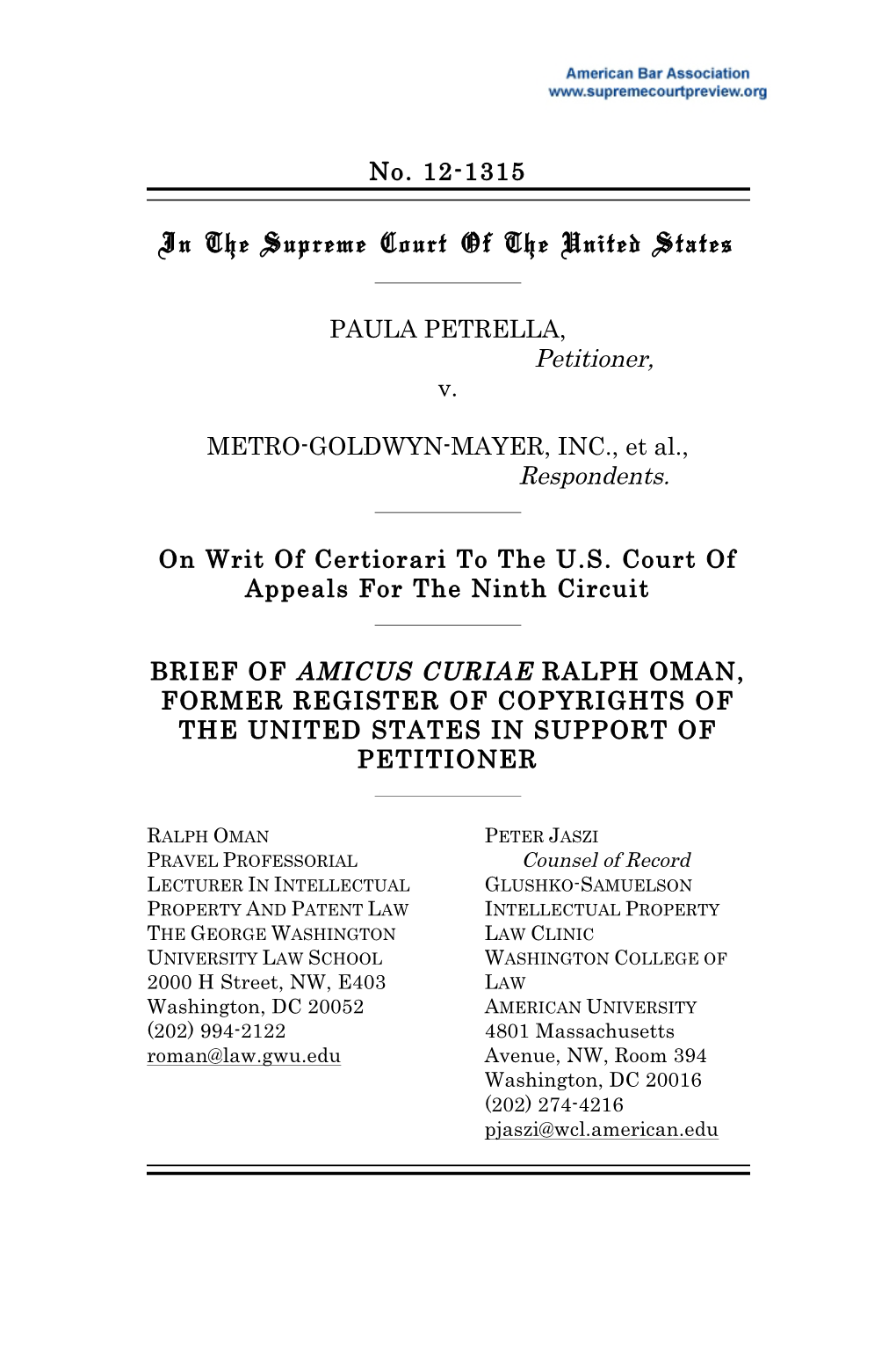 Brief for Oman Amicus in Petrella V. Metro-Goldwin-Myer, Inc