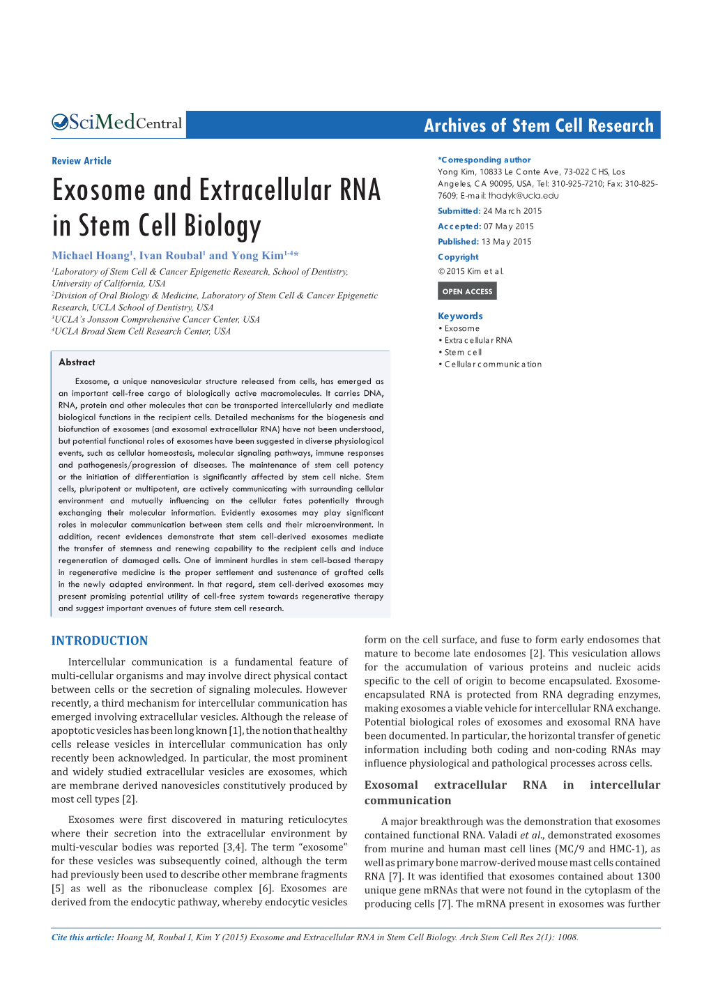 Exosome and Extracellular RNA in Stem Cell Biology