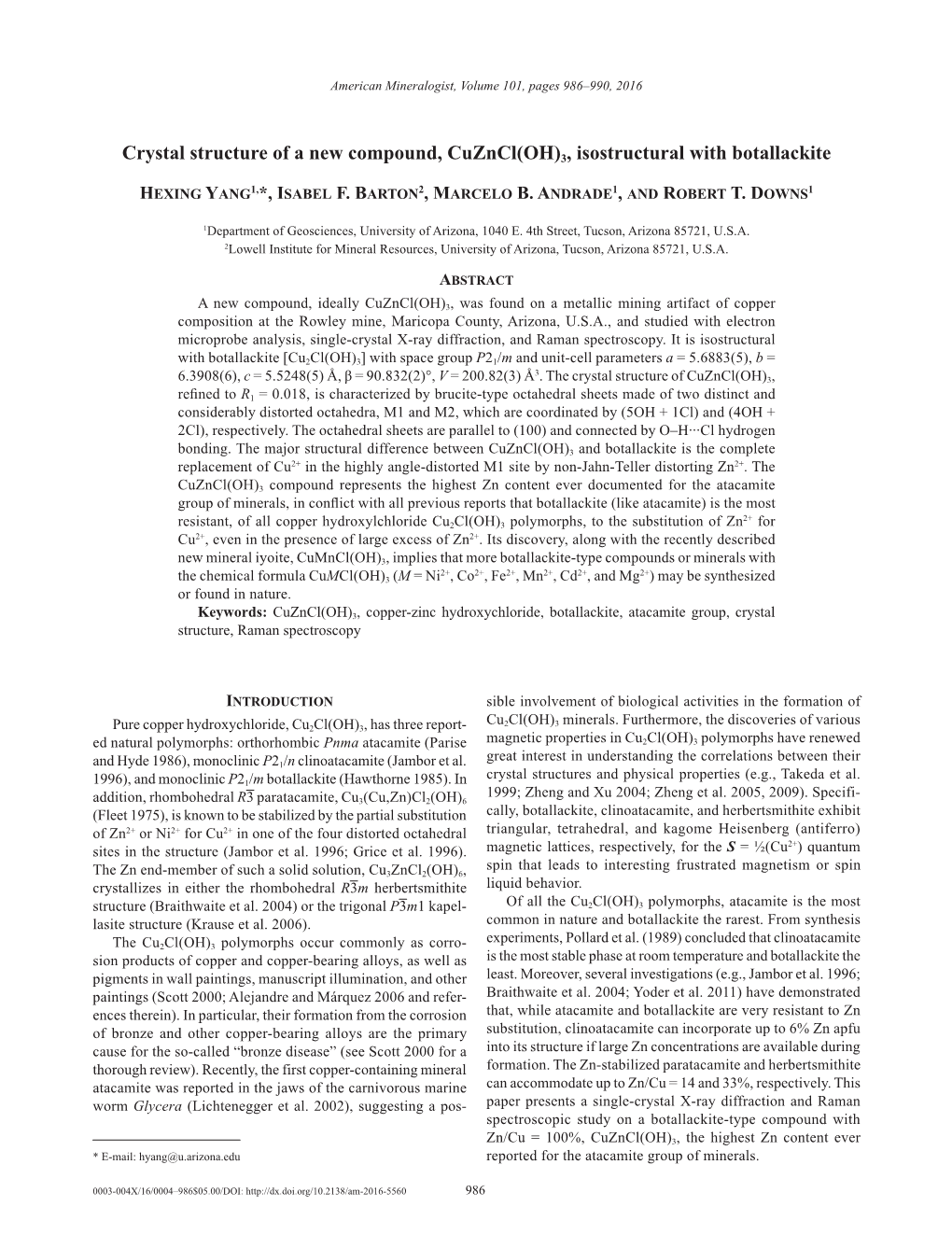 Crystal Structure of a New Compound, Cuzncl(OH)3, Isostructural with Botallackite