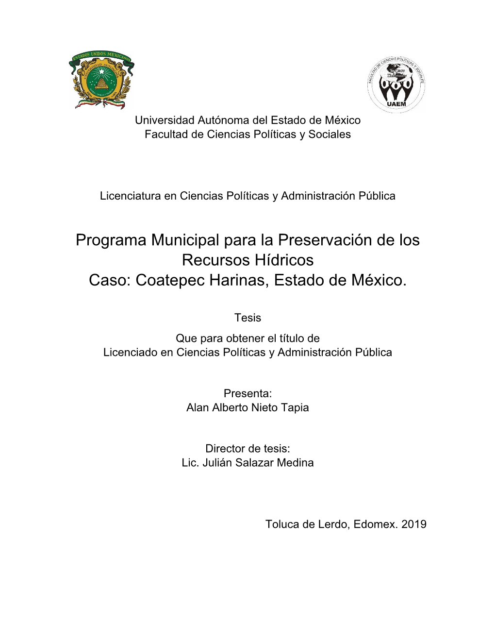 Programa Municipal Para La Preservación De Los Recursos Hídricos Caso: Coatepec Harinas, Estado De México