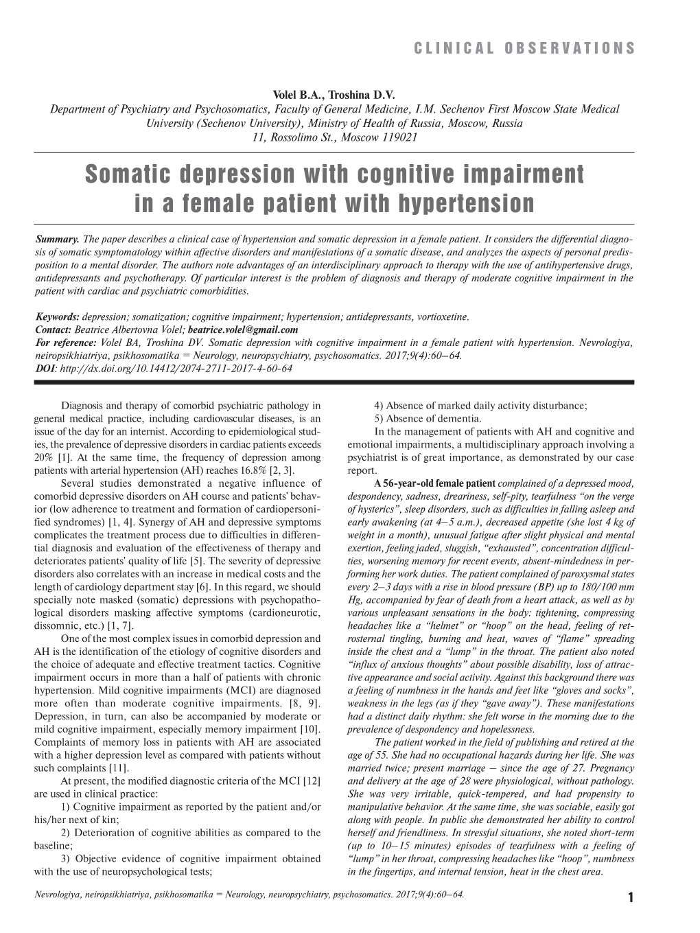 Somatic Depression with Cognitive Impairment in a Female Patient with Hypertension