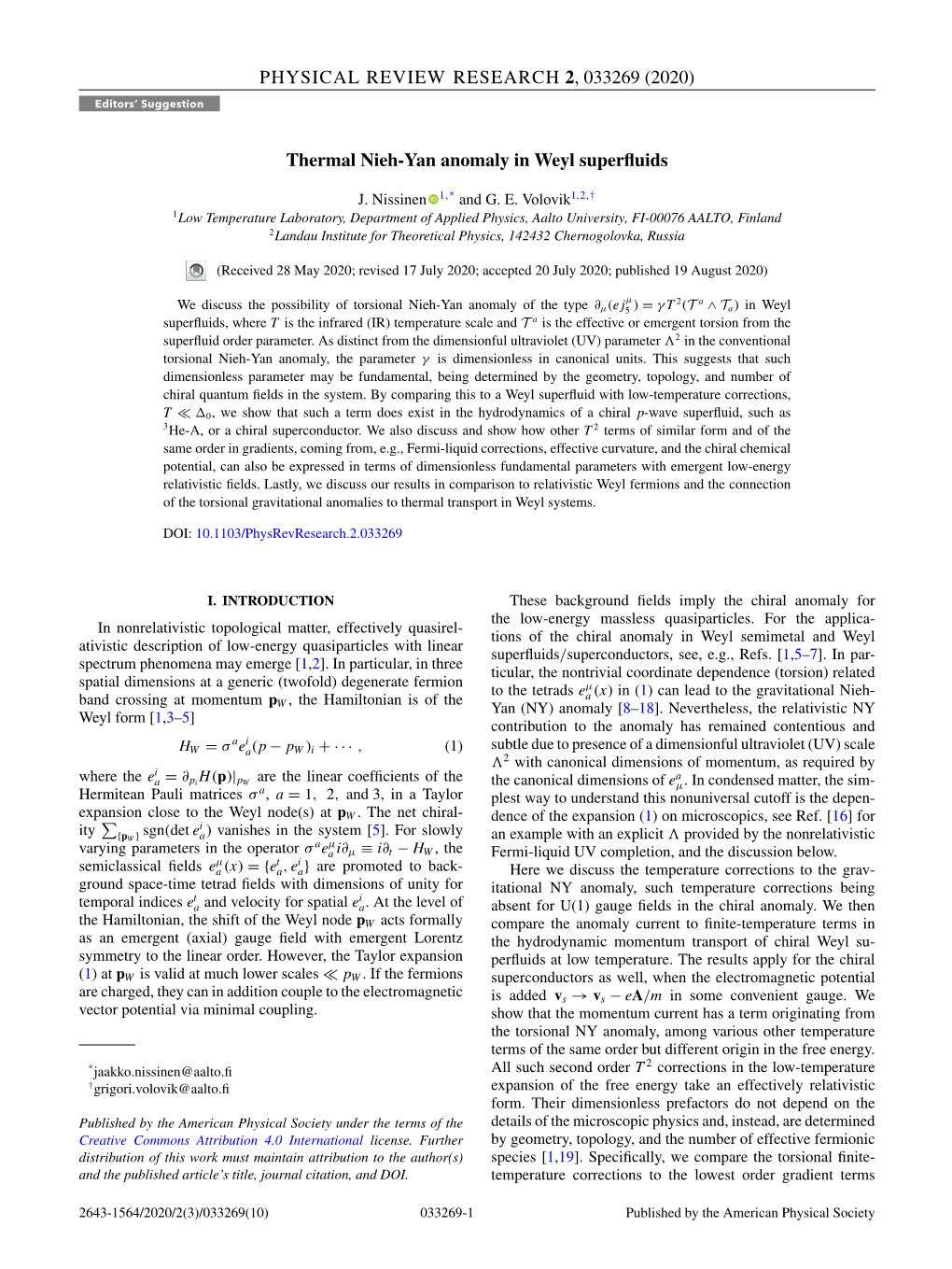 THERMAL NIEH-YAN ANOMALY in WEYL SUPERFLUIDS PHYSICAL REVIEW RESEARCH 2, 033269 (2020) Not Conﬁrmed in General, See However Refs