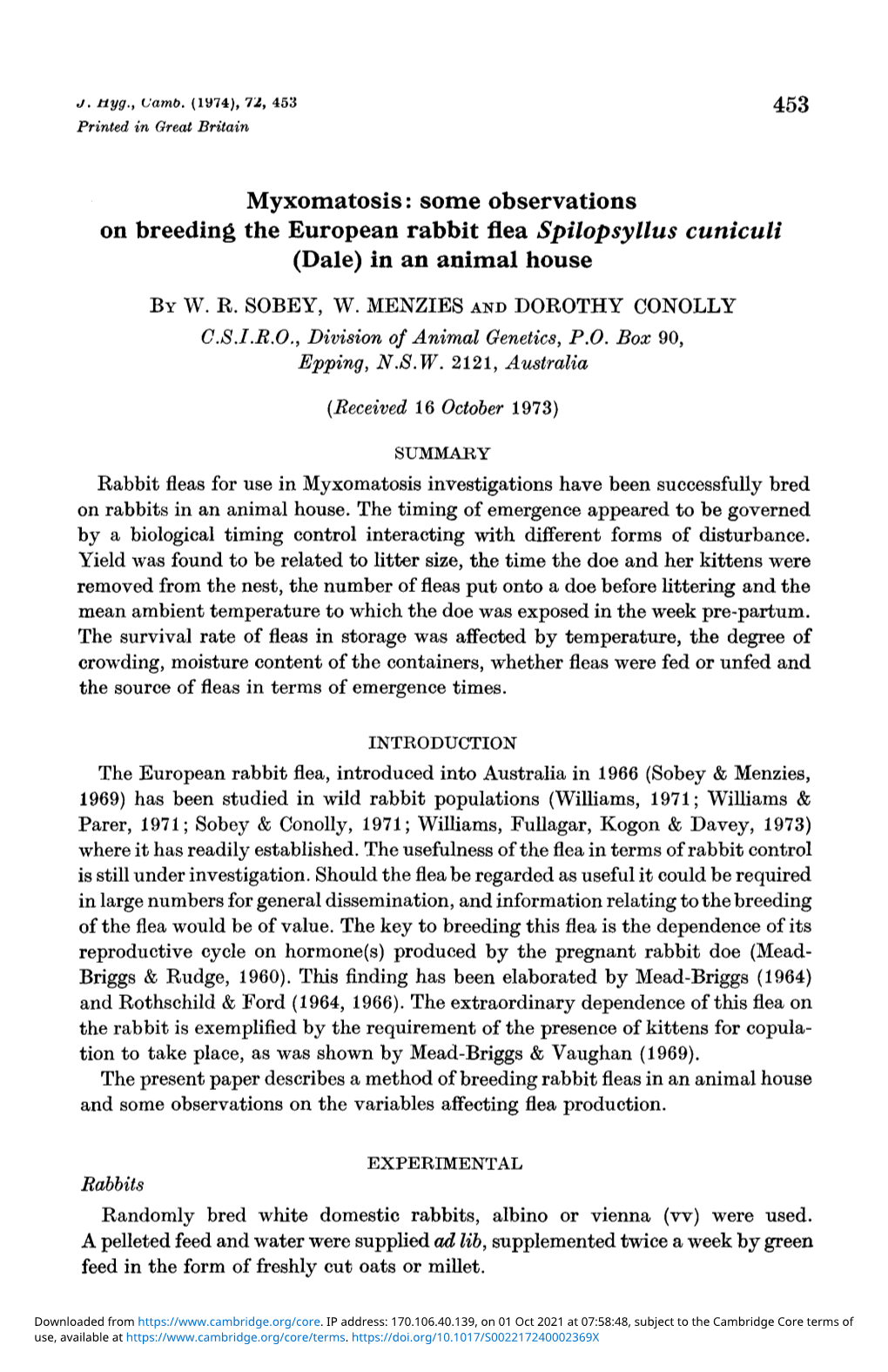 Myxomatosis: Some Observations on Breeding the European Rabbit Flea Spilopsyllus Cuniculi (Dale) in an Animal House