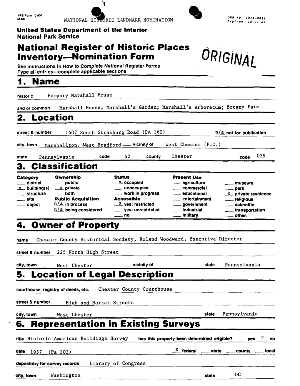 National Register of Historic Places Inventory — Nomination Form 3. Classification 4. Owner of Property 5. Location of Legal D