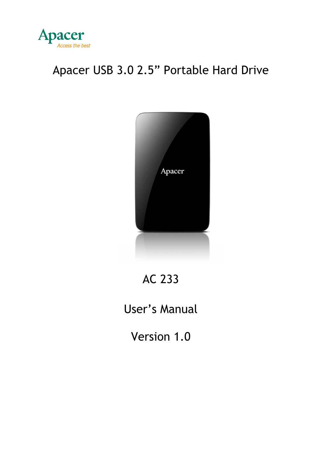 Apacer USB 3.0 2.5” Portable Hard Drive AC 233 User's Manual