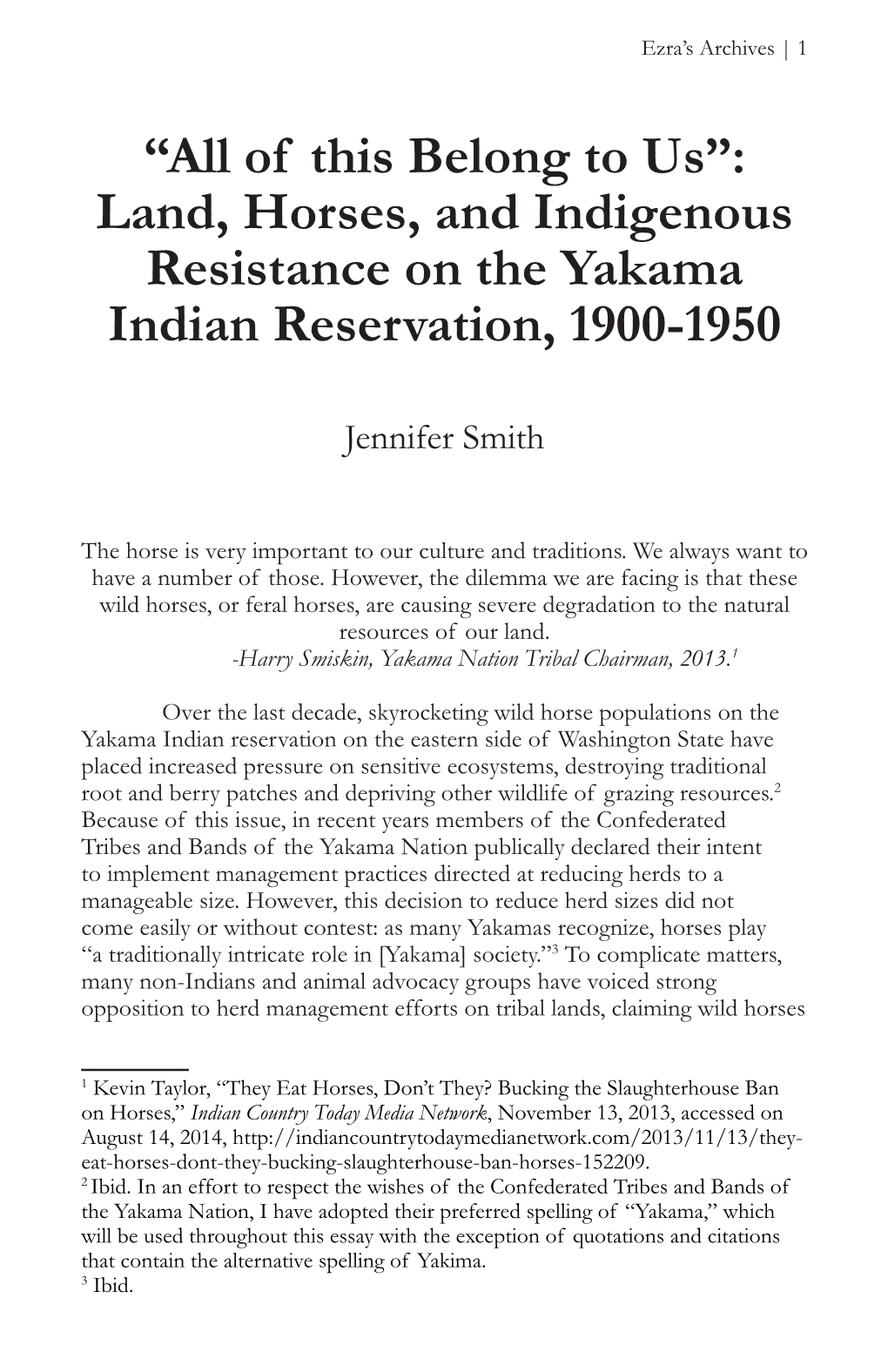 “All of This Belong to Us”: Land, Horses, and Indigenous Resistance on the Yakama Indian Reservation, 1900-1950