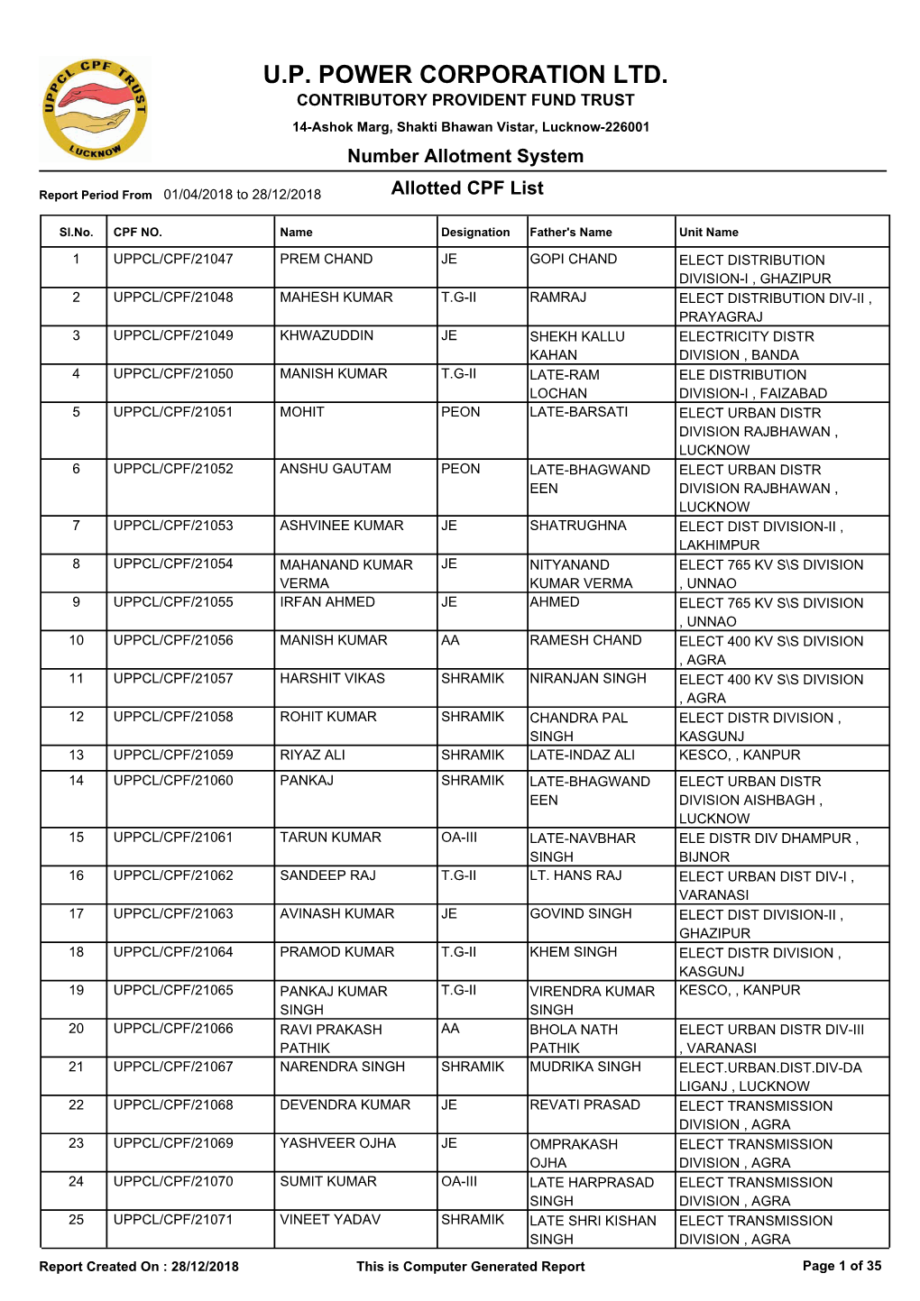 U.P. POWER CORPORATION LTD. CONTRIBUTORY PROVIDENT FUND TRUST 14-Ashok Marg, Shakti Bhawan Vistar, Lucknow-226001 Number Allotment System