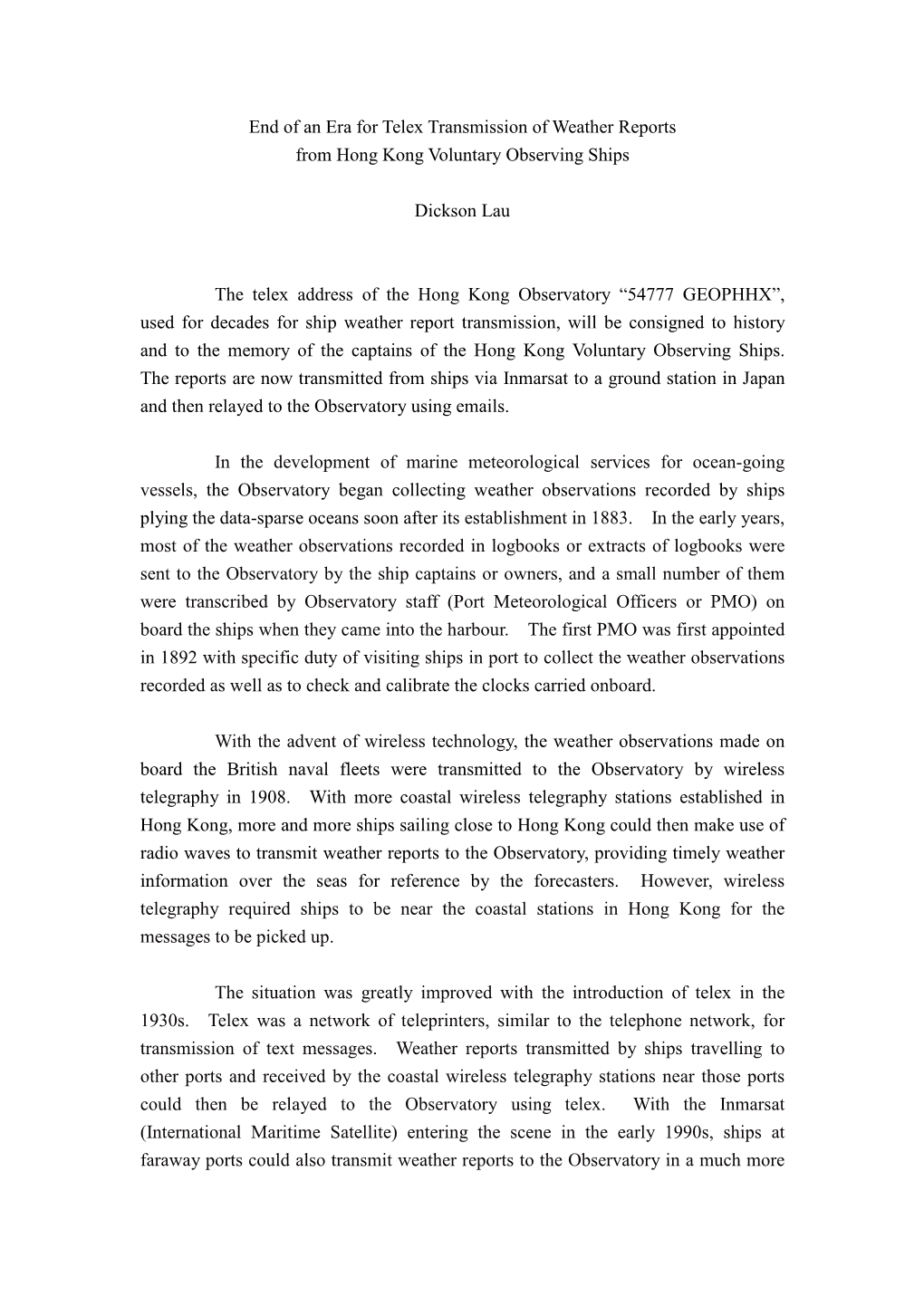 End of an Era for Telex Transmission of Weather Reports from Hong Kong Voluntary Observing Ships