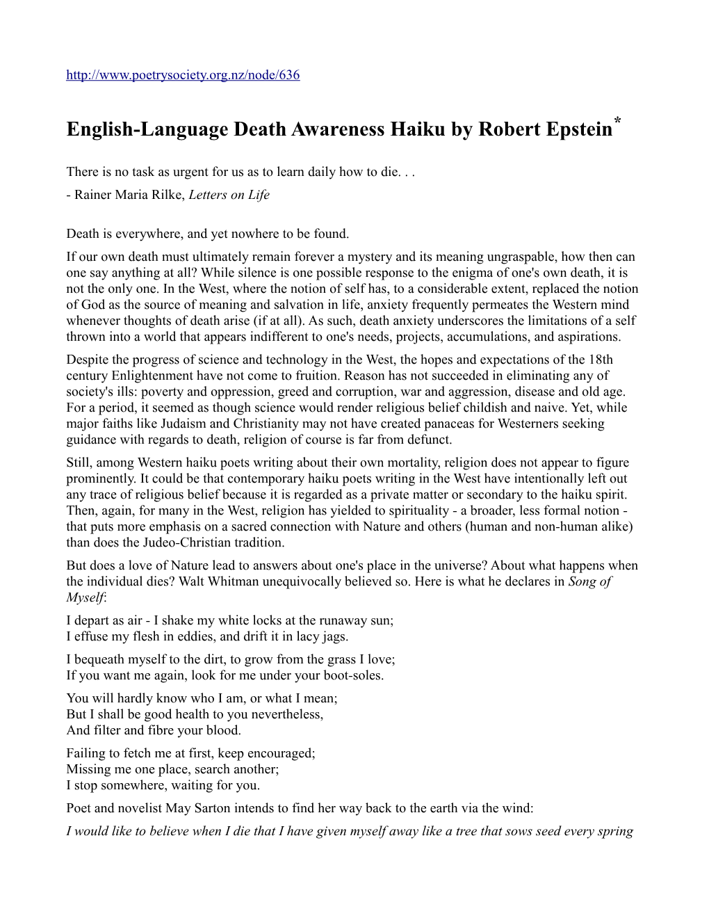 English-Language Death Awareness Haiku by Robert Epstein*