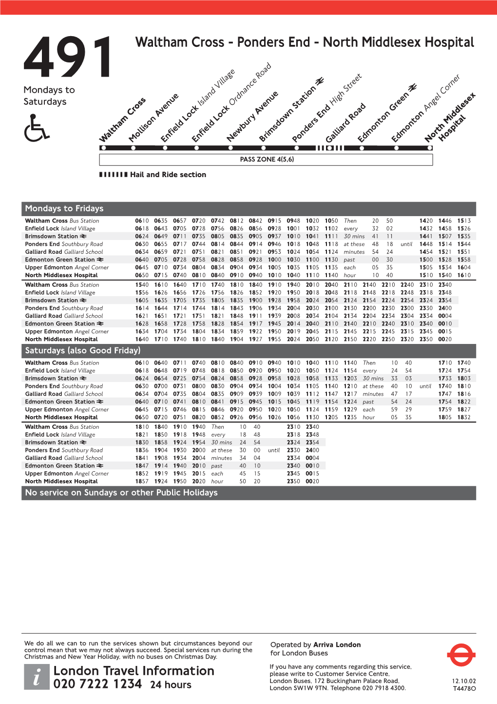 491 Waltham Cross - Ponders End - North Middlesex Hospital Mondays To