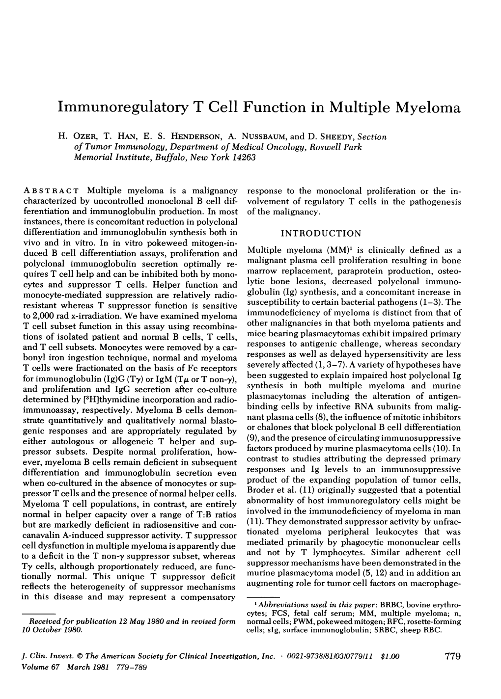 Immunoregulatory T Cell Function in Multiple Myeloma