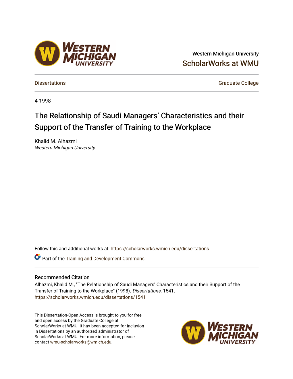 The Relationship of Saudi Managers' Characteristics and Their Support of the Transfer of Training To