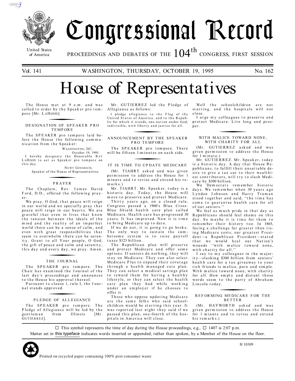 Congressional Record United States Th of America PROCEEDINGS and DEBATES of the 104 CONGRESS, FIRST SESSION