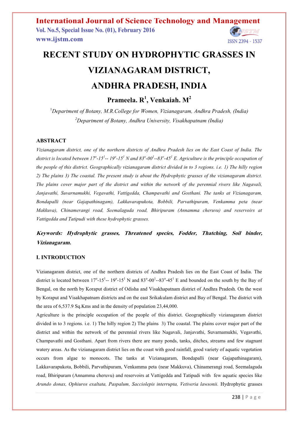RECENT STUDY on HYDROPHYTIC GRASSES in VIZIANAGARAM DISTRICT, ANDHRA PRADESH, INDIA Prameela