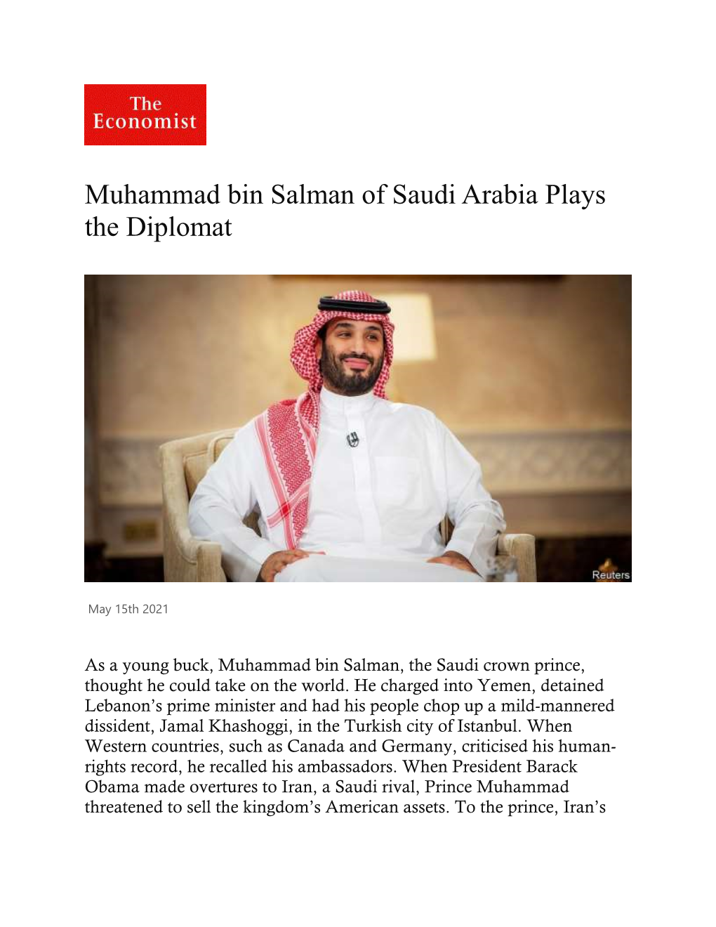 Muhammad Bin Salman of Saudi Arabia Plays the Diplomat