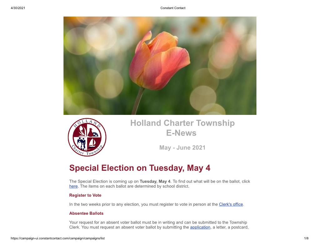 Holland Charter Township E-News Special Election on Tuesday, May 4