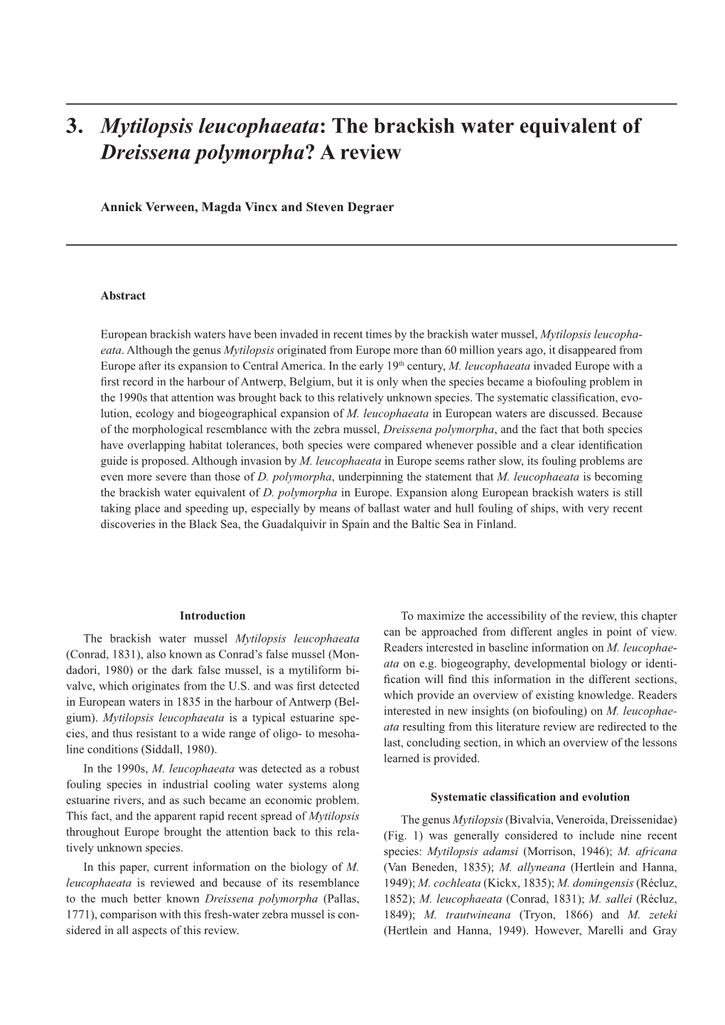 3. Mytilopsis Leucophaeata: the Brackish Water Equivalent of Dreissena Polymorpha? a Review